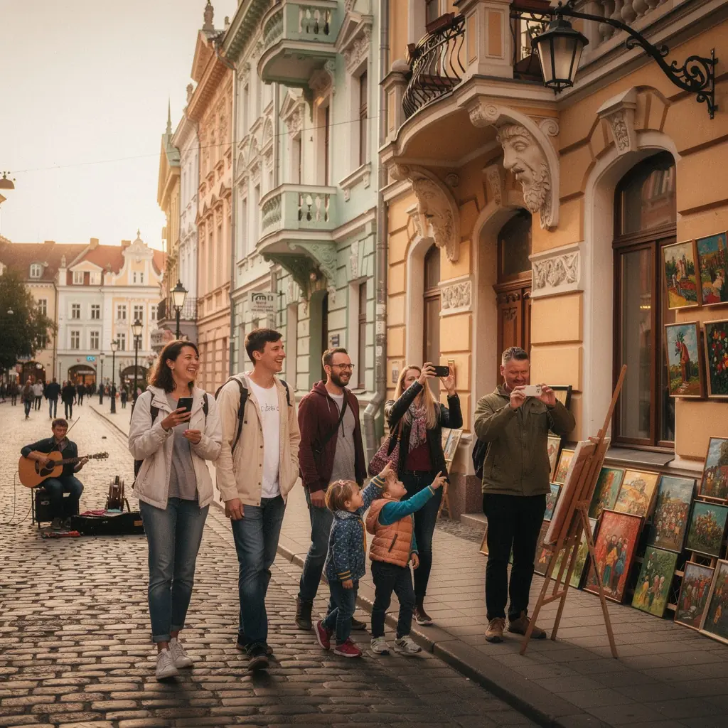 Gājēju iela ar kafejnīcām un vietējiem tirgotājiem.